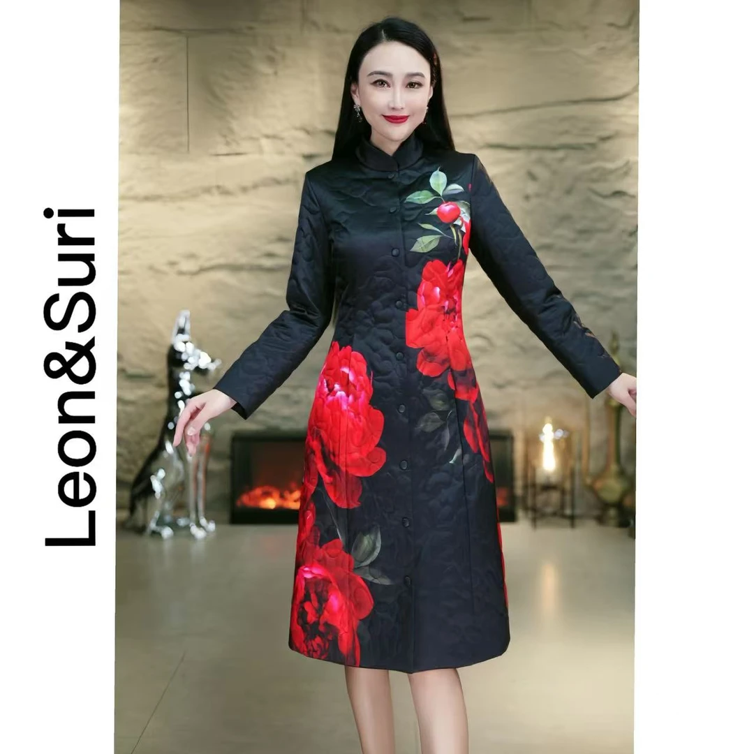 A【年终大促】“浴花予里”秋冬新款印花棉外套复古中国红国风棉衣