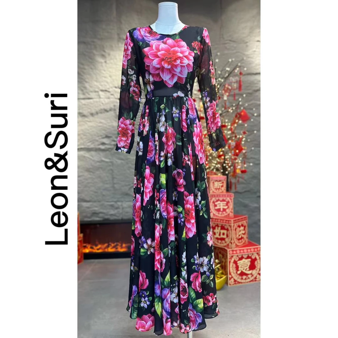 C【年终大促】“不误花期”新款高腰大裙摆长款花色连衣裙