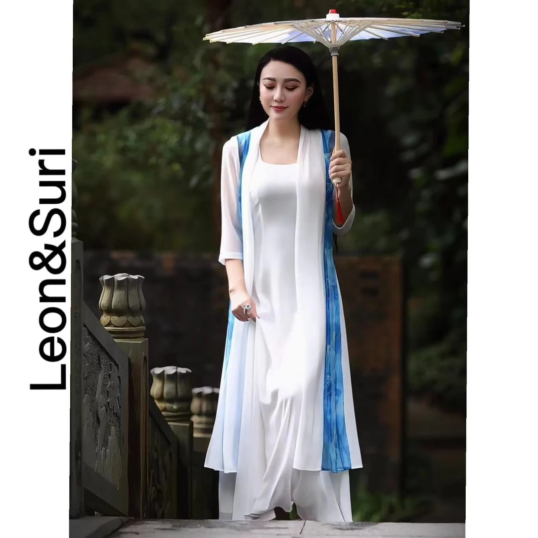 Leon&Suri“白娘子”复古新款高腰女装连衣裙显瘦印花连衣裙套装