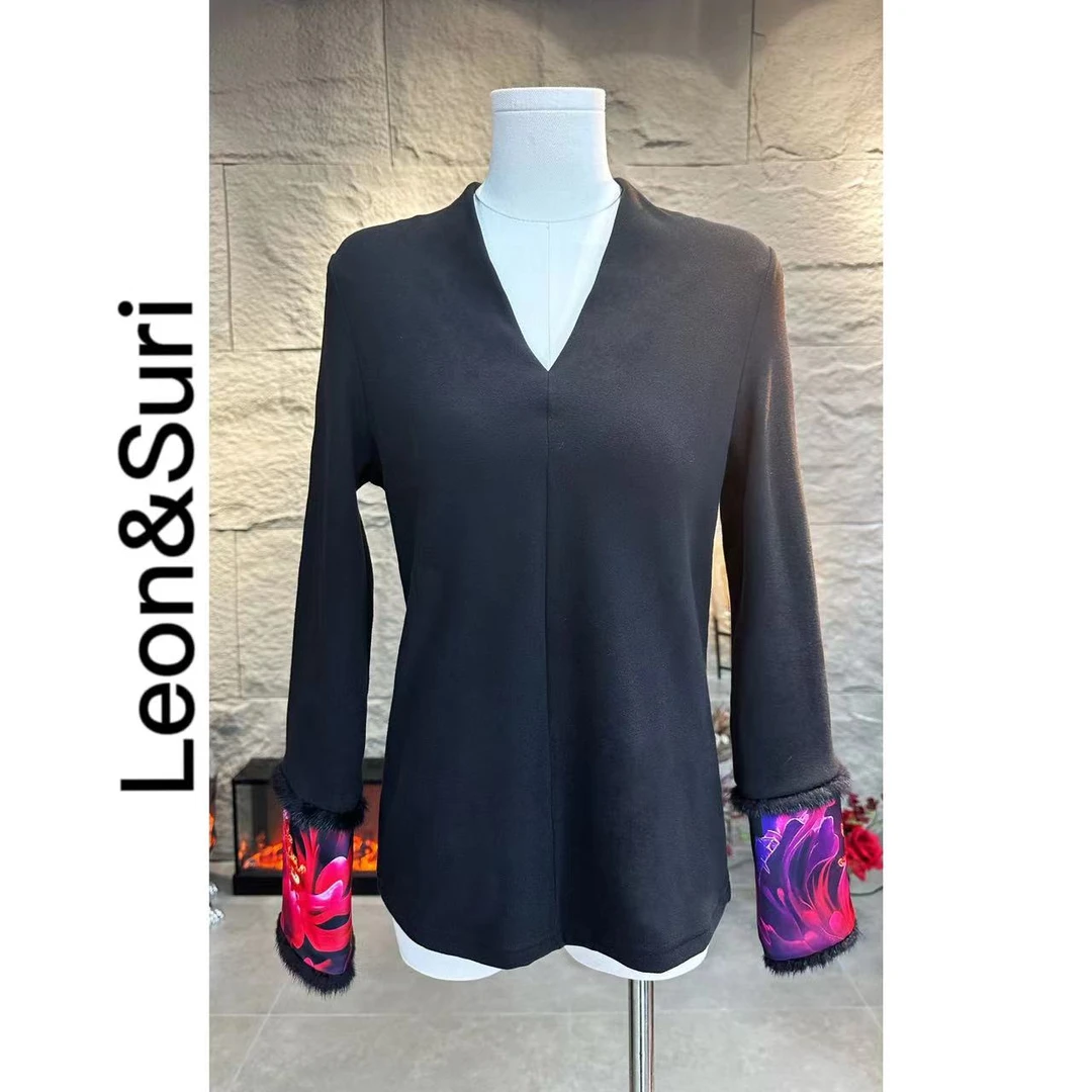 C【年终大促】“璎珞”秋冬新款德绒气质长袖打底衣高领拼接黑色女士