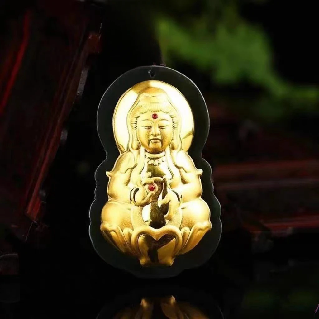 含999 金和田玉墨玉观音吊坠 带证书 礼盒  珠链