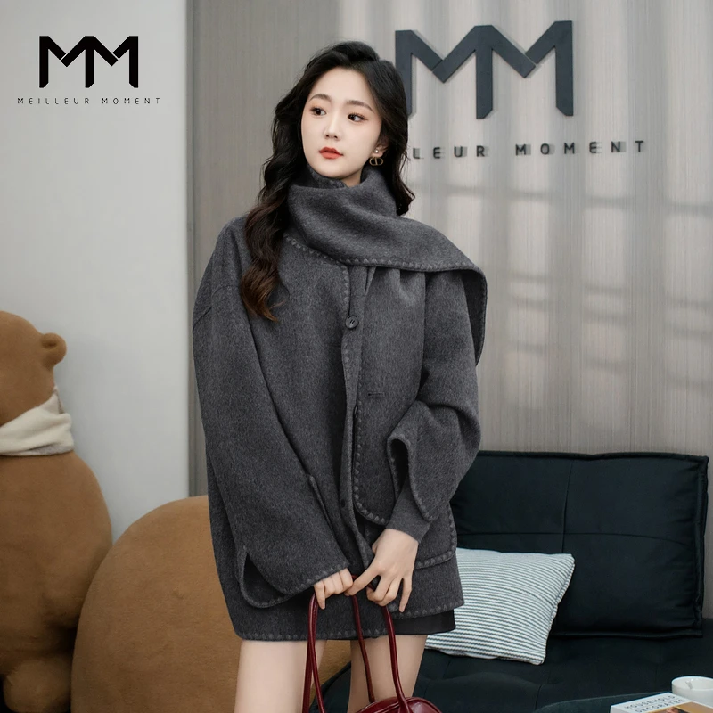 MM麦檬毛呢大衣圆领灰色中长款气质双面呢外套秋冬新品5FB970391
