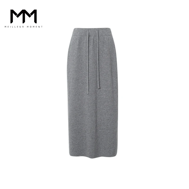 MM麦檬冬新品针织休闲百搭松紧腰后开叉设计半身裙5FB942731