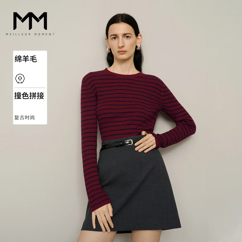 MM麦檬商场同款春秋冬新品复古条纹圆领针织套头衫5FA134093