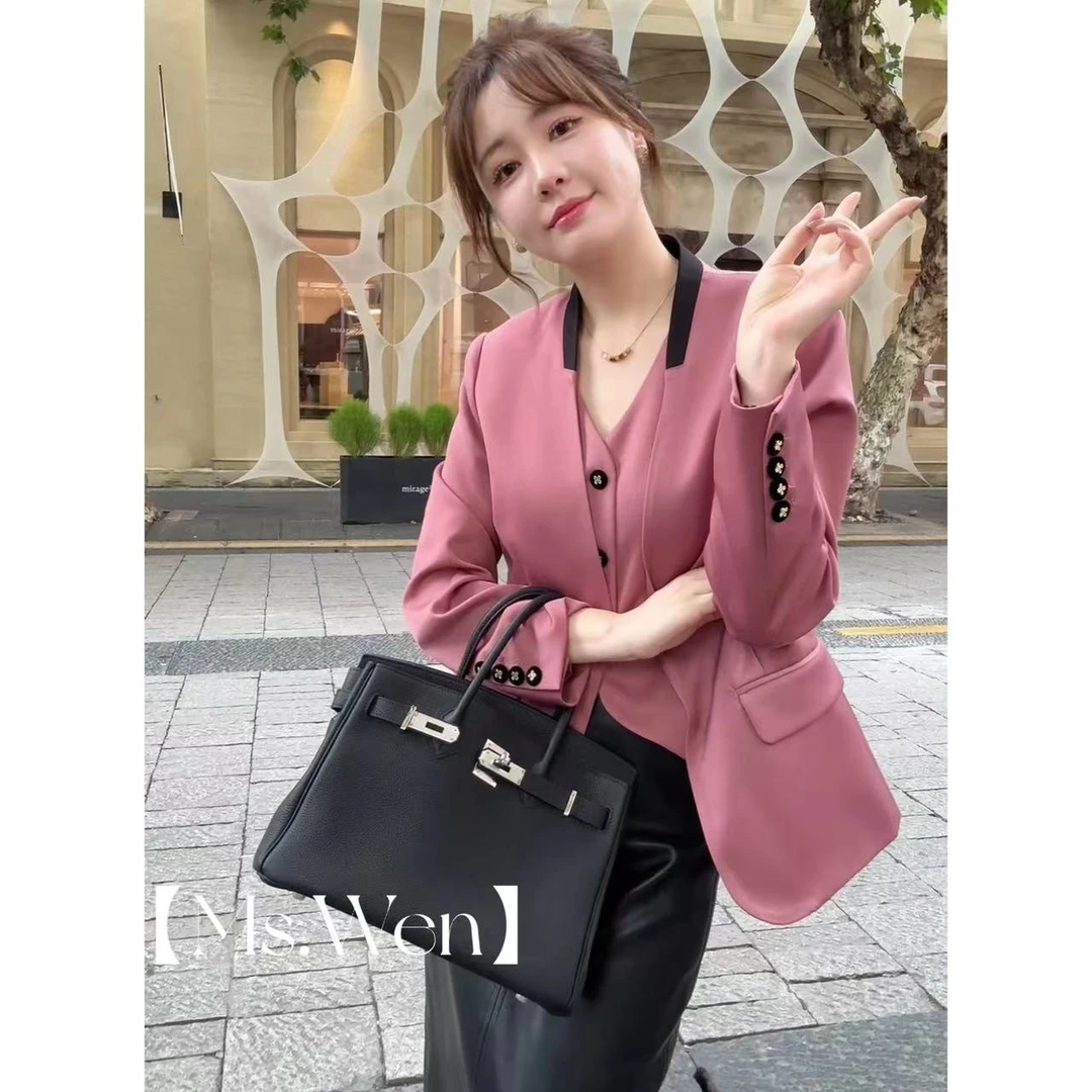 【WENZO】粉色恋人~秋季韩版修身设计感拼色缎面西装外套W240721