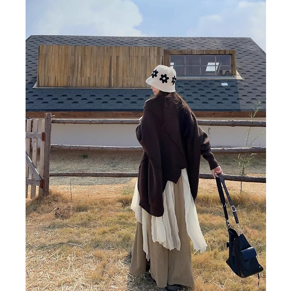 秋季新款宽松显瘦慵懒不规则咖色毛衣杏色衬衫休闲阔腿裤三件套女