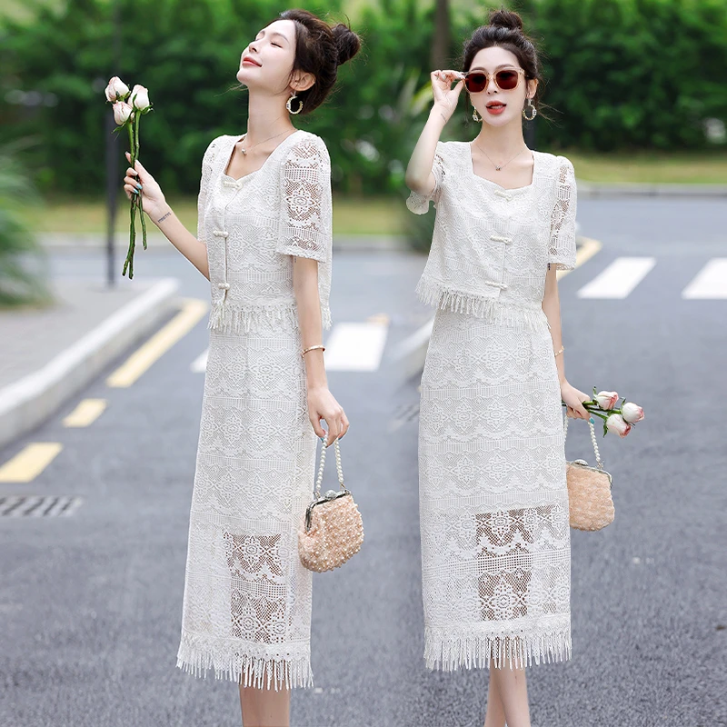 新中式两件套连衣裙女2024年夏季新款时尚潮流短袖蕾丝拼接套装裙