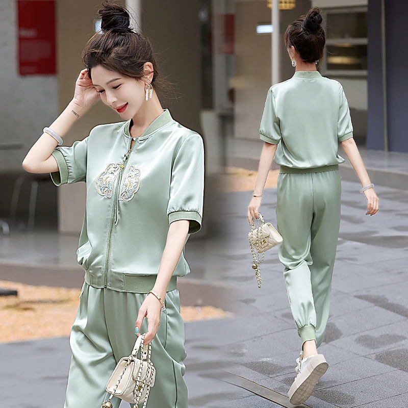 新中式两件套2024夏季新款气质缎面冰凉小脚裤女式轻奢高级感套装