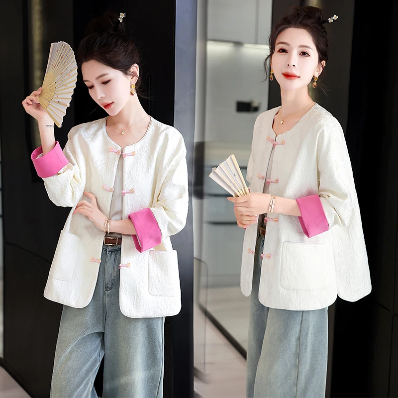 新中式盘扣撞色短款外套女2024春季新爆款宽松高级感春秋复古上衣