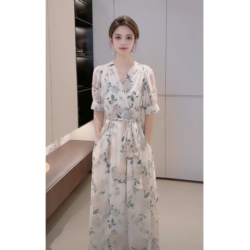 AQDB-小清新法式连衣裙女2025夏季新款收腰显瘦遮肉长裙