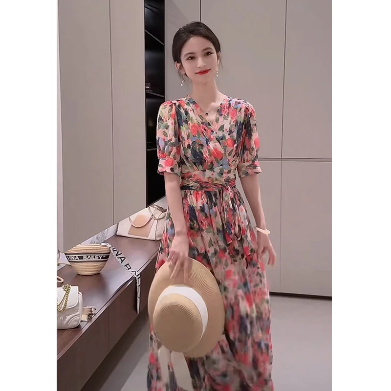 AQDB-法式V领碎花短袖连衣裙女2025夏季新款显瘦长裙