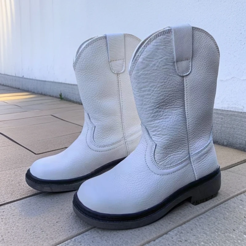 西部时尚牛仔靴民族风一脚蹬短靴牛皮白色骑士圆头女靴马靴蒙古靴