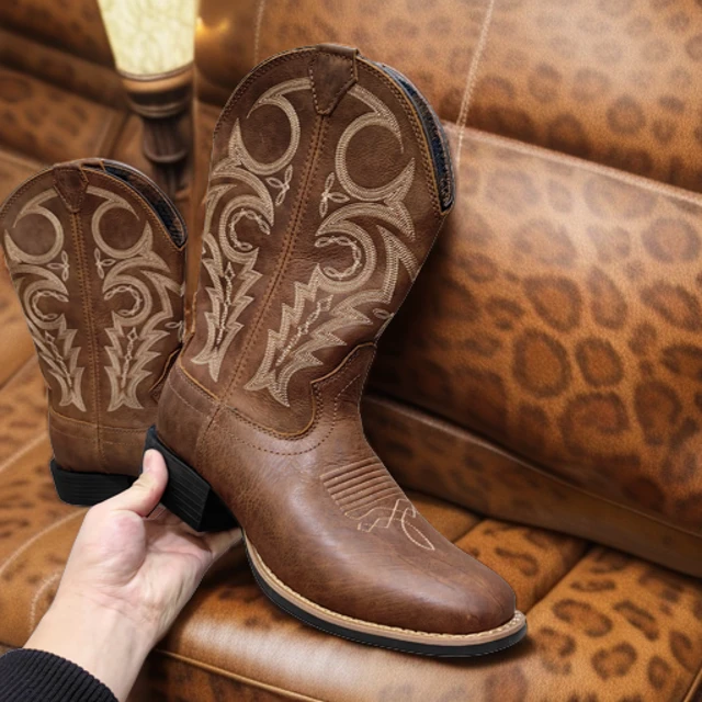 蒙古马靴舒适豹纹配色西部牛仔靴小方头骑士女马靴马术靴套筒刺绣