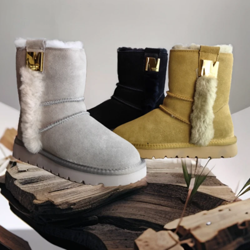 蒙古2023新款冬季雪地靴女牛皮中筒靴子真皮真毛平底保暖抗寒棉鞋