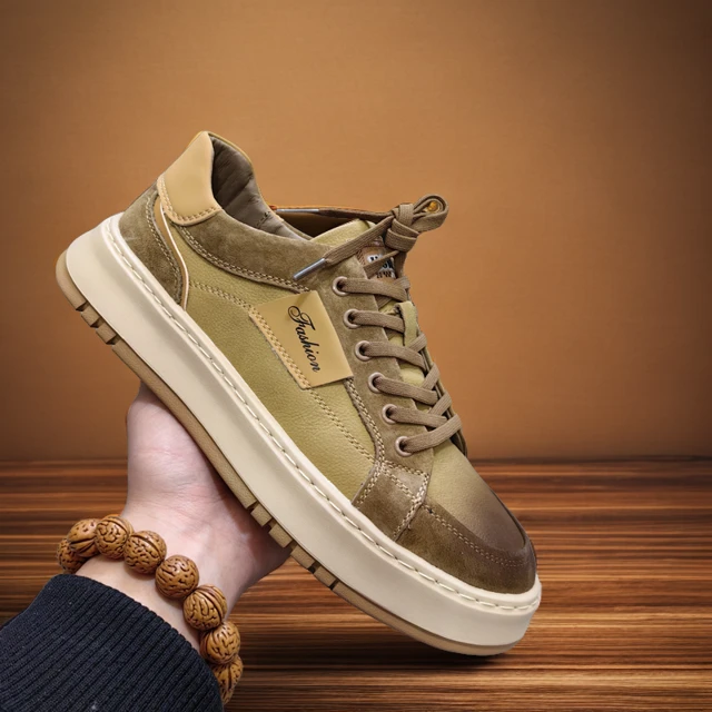 外贸真皮复古简约男鞋2024春秋季新款系带软底真皮中帮休闲板鞋男