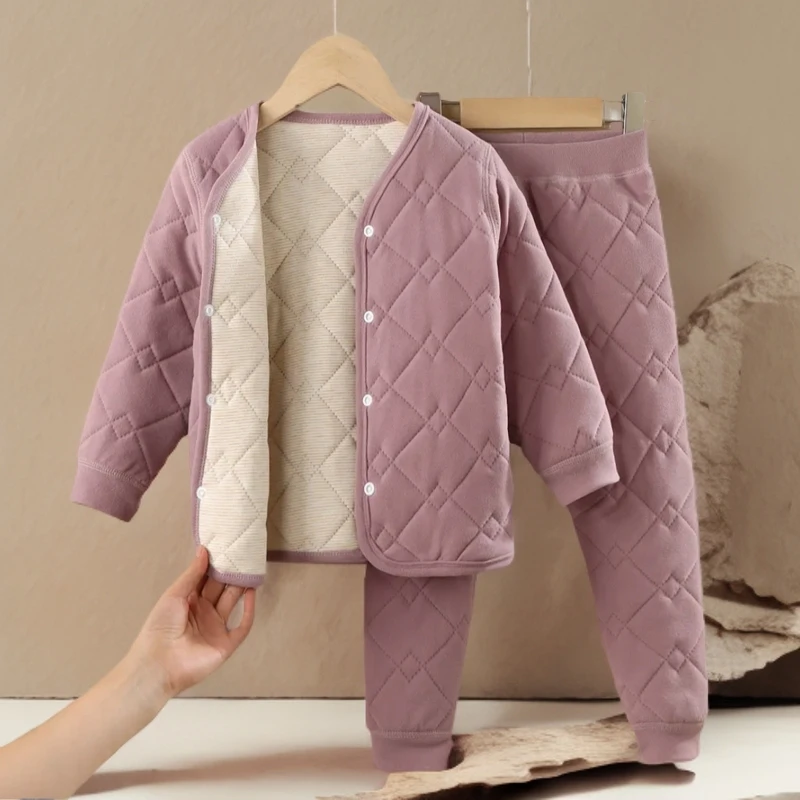 神器儿童棉袄棉裤秋冬新款夹绒保暖蚕丝羊毛加绒套装校服内穿三层