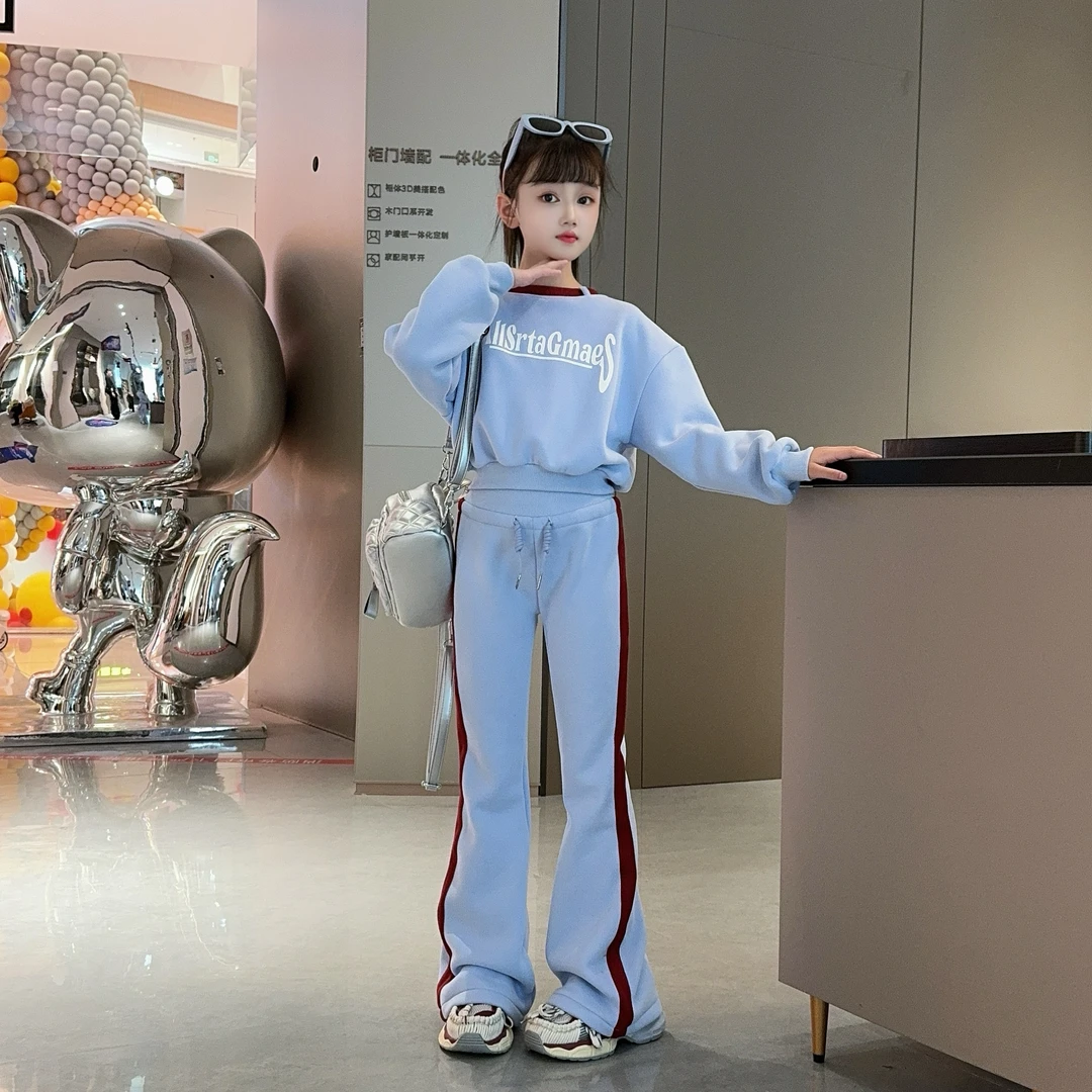 设计感撞色长袖卫衣加绒直筒微喇裤两件套中大童秋季时尚休闲套装