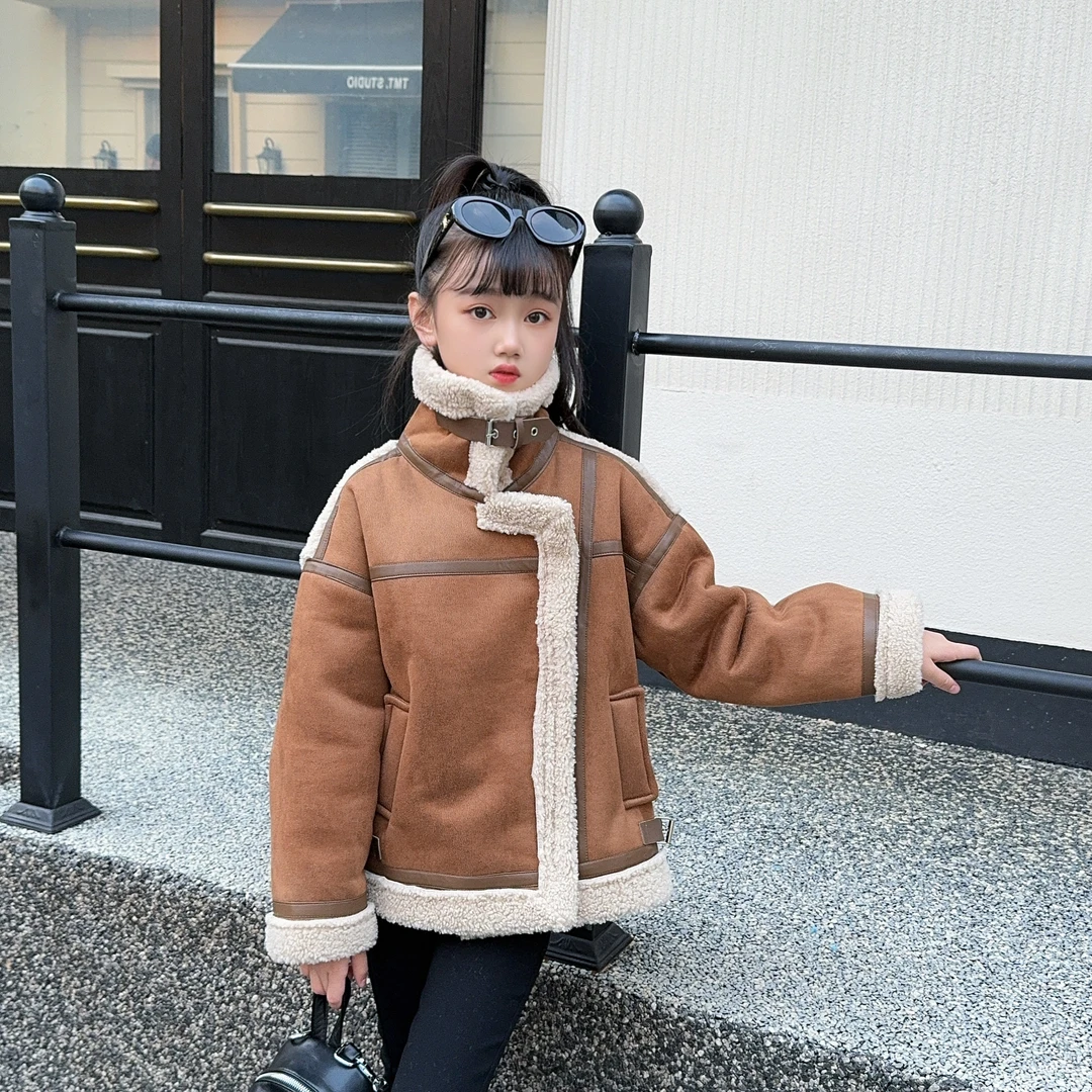 女童皮毛一体加绒外套2024新款女孩秋冬加厚上衣中大儿童洋气冬装