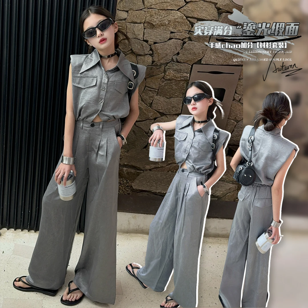 2025时髦鎏光衬衫套装设计感小众复古polo领醋酸衬衫气质无袖垫肩