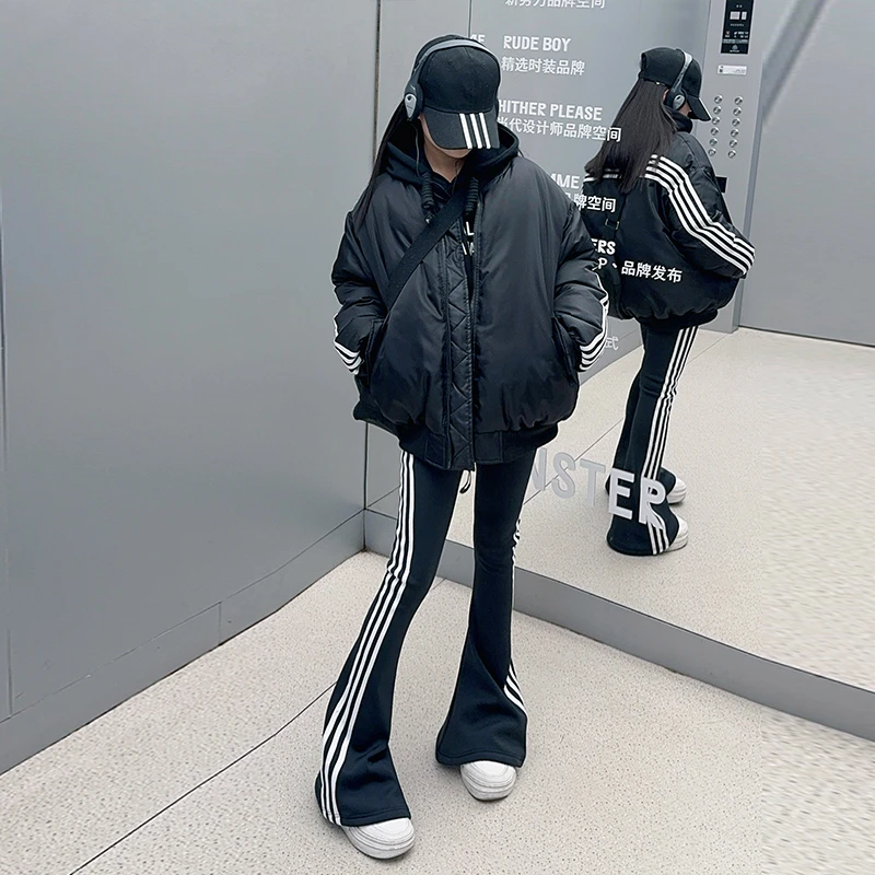 女童棒球服棉衣冬装潮酷网红百搭保暖棉服外套简约夹克加绒喇叭裤