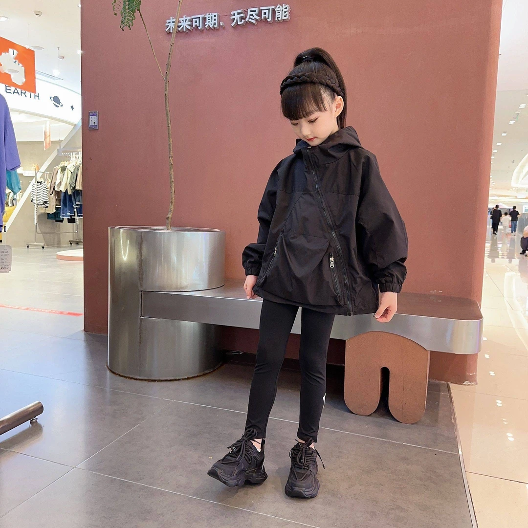 女童2023秋季新款斜拉链外套童装韩版休闲简约中大童纯色连帽上衣