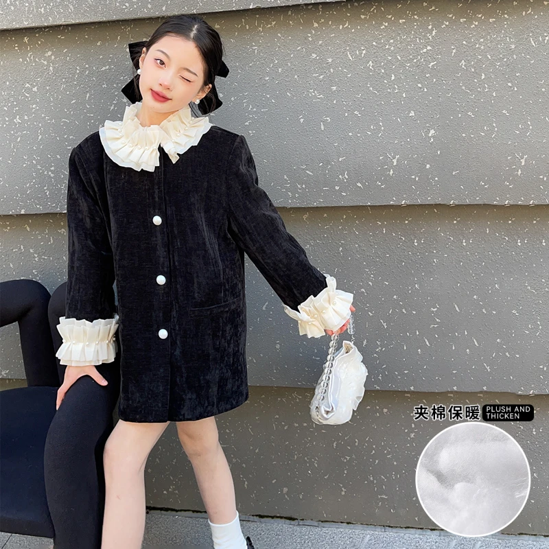 法式高级感名媛女童压褶珍珠花边连衣裙夹棉宽松黑色连衣裙外套