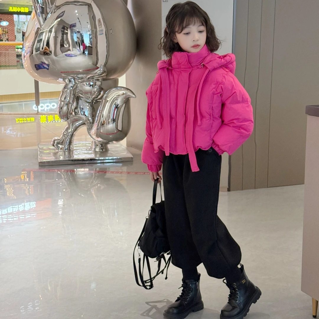 女童冬季羽绒服加厚保暖中大童洋气短款外套女童加绒休闲裤一体绒