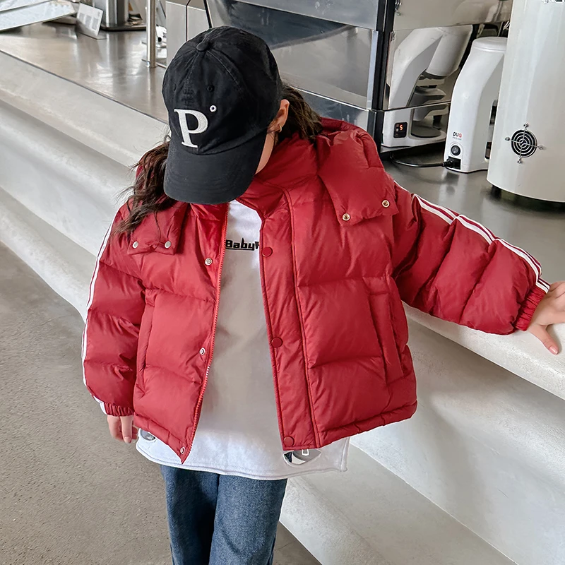 女童红色羽绒服冬款2023新款女童加厚羽绒短款白鸭绒中大童外套潮