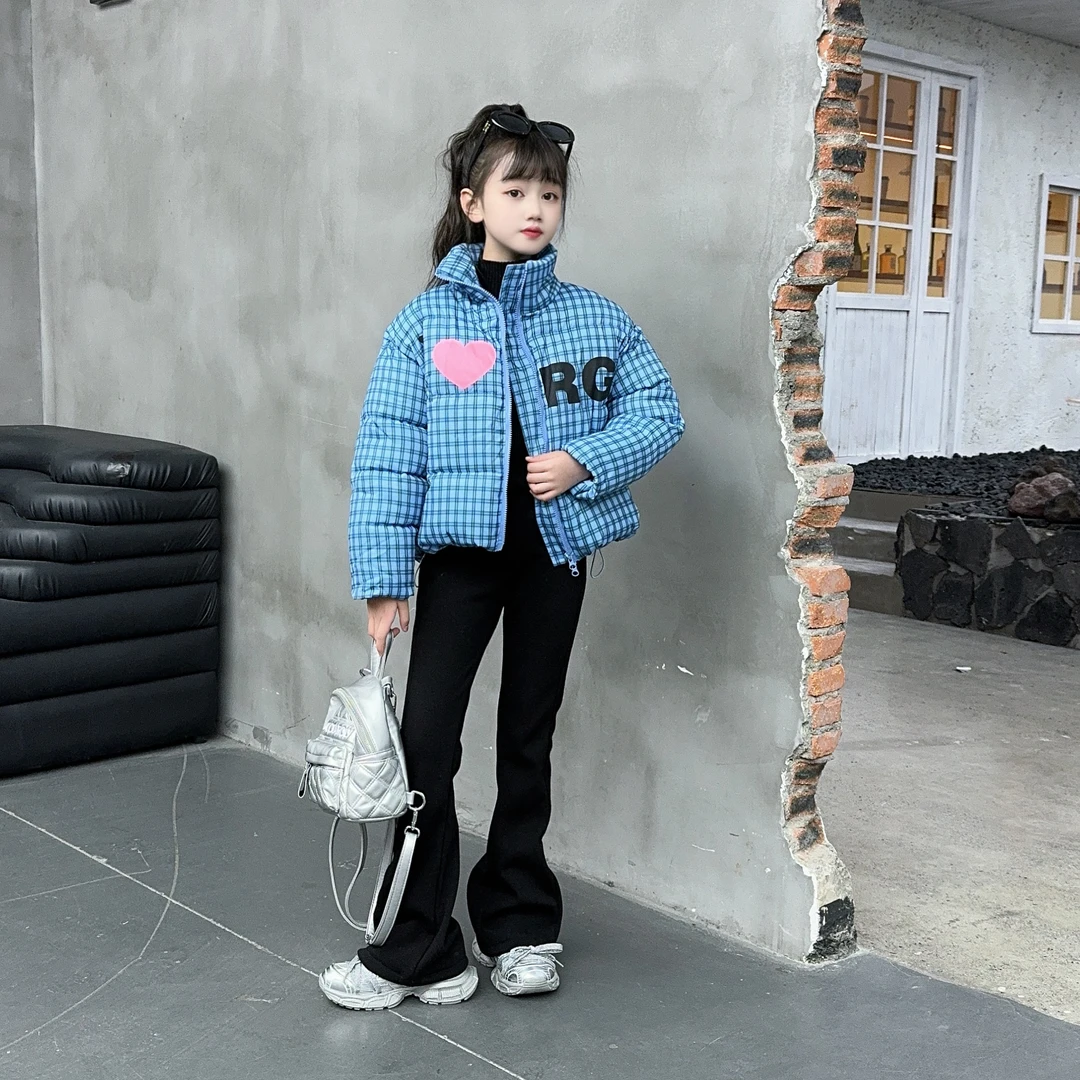 2024冬季新款女童加厚棉服蓝色格子面包服加厚宽松休闲拉链喇叭裤
