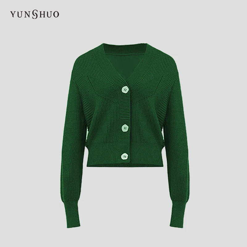 YUNSHUO时尚百搭舒适通勤V领扭花针法毛开衫729176