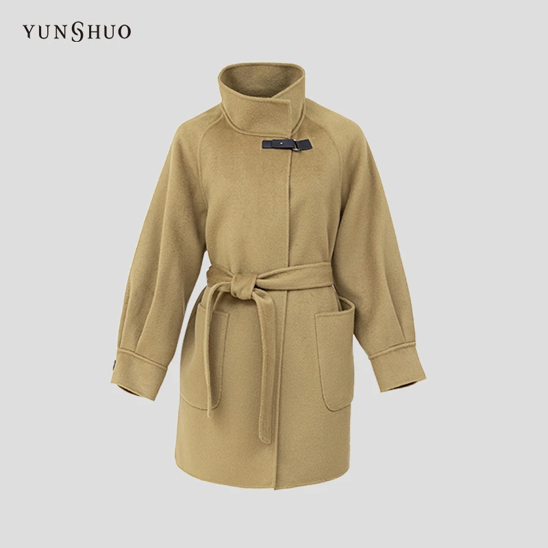 YUNSHUO双面呢大衣女秋冬新款优雅立领毛呢外套496111
