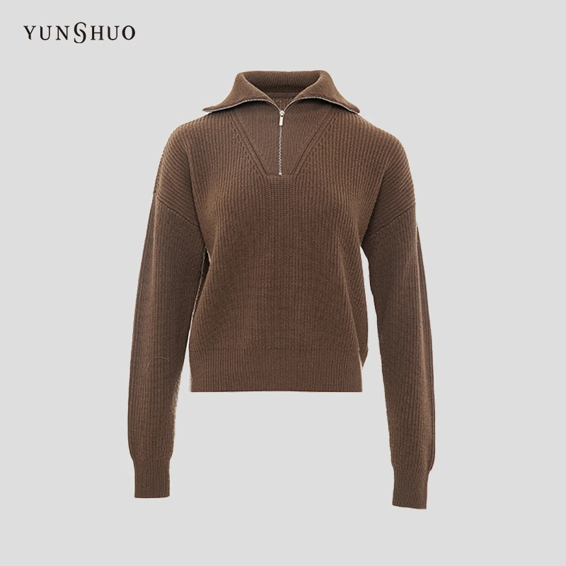 YUNSHUO秋冬新款针织毛衣女拉链翻领套头毛衫739418