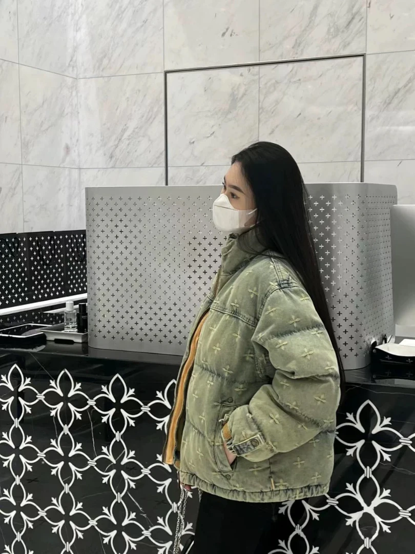 牛仔花园营地棉服复古蓝提花冬季外套加厚23年新款棉衣女