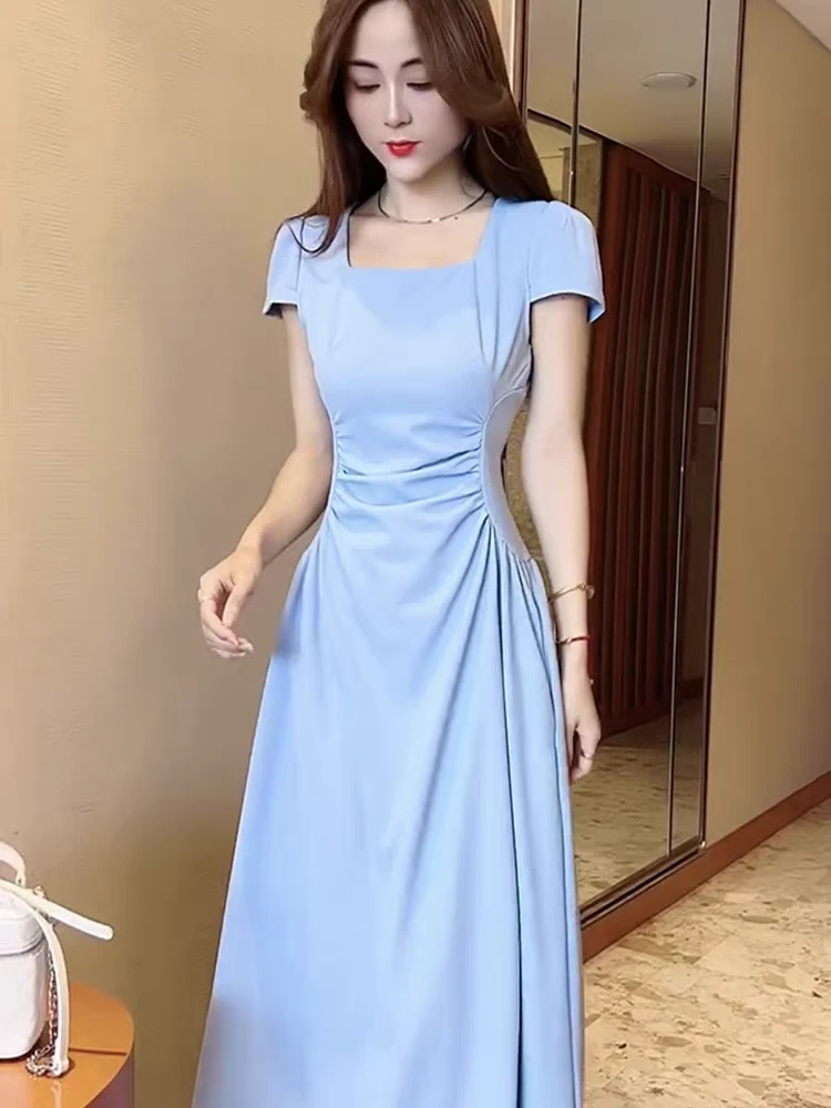 法式奢华高级感端庄连衣裙女2024夏季新款方领气质收腰显瘦裙8337