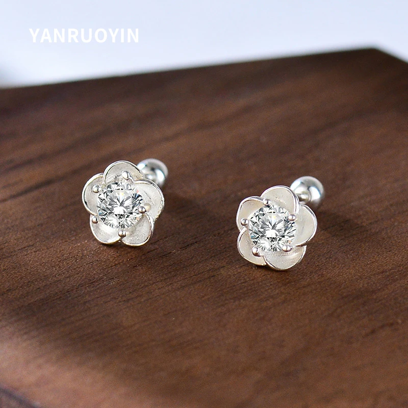 言若银 足银合成锆石耳饰 999纯银花朵耳钉气质百搭轻奢耳环ED301