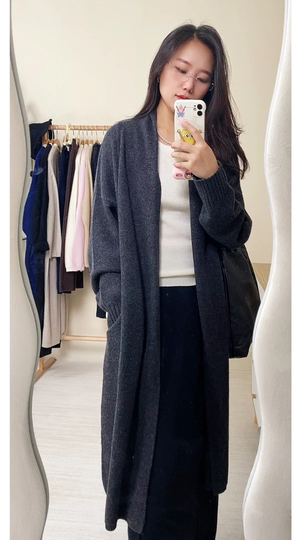 Phoebe/菲比 【ROW风开衫】自带领落肩袖简约款中长款纯羊绒大衣