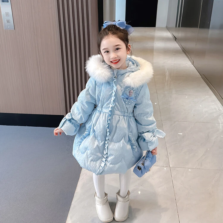 女童艾莎公主洛丽塔白鸭绒羽绒服外套儿童冬装蓝色毛领保暖棉服潮