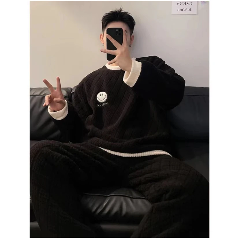 【222男士黑笑脸】珊瑚绒睡衣男款加绒加厚冬季法兰绒男士家居服
