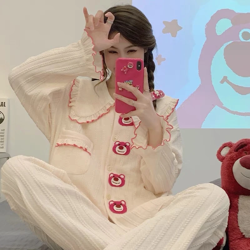 【311#花边草莓熊】无胸垫秋冬季长袖睡衣娃娃领甜美公主风家居服