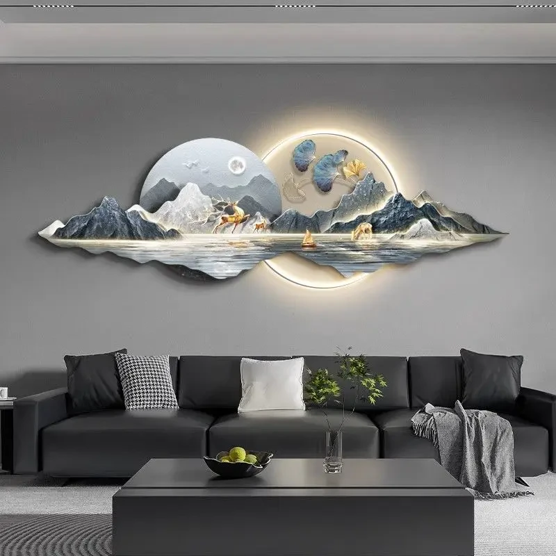 客厅装饰画背有靠山挂画轻奢沙发背景墙山水壁画银杏叶壁饰灯光画