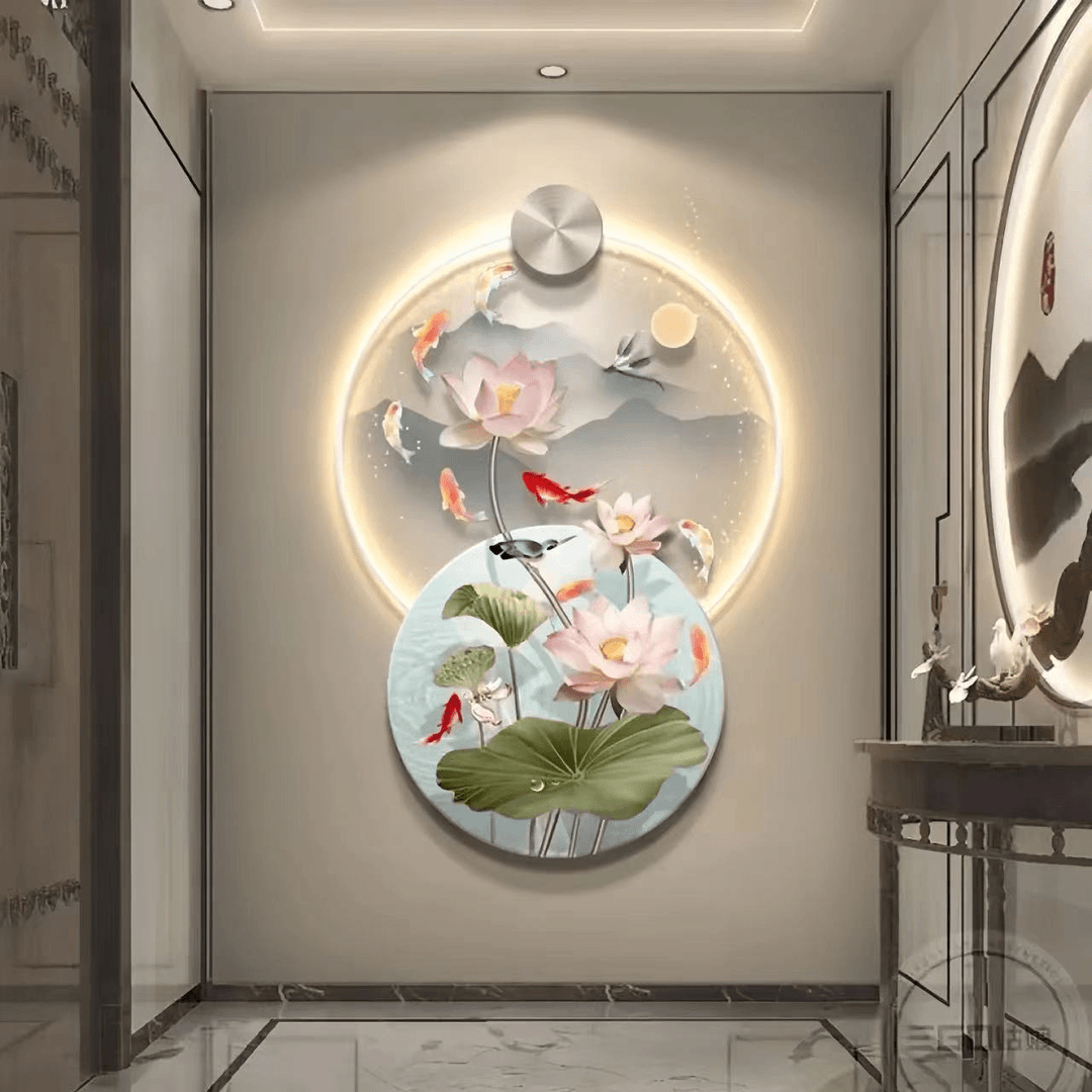 九鱼图荷花入户门玄关装饰画走廊过道高级感锦鲤挂画楼梯拐角灯画