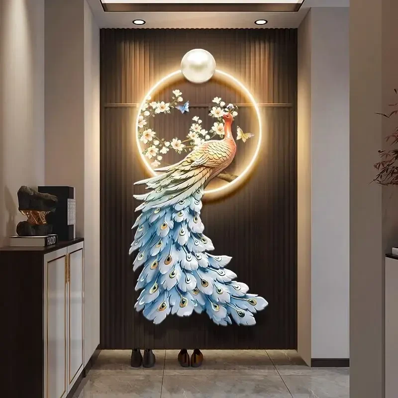 新中式孔雀玄关装饰画轻奢花鸟入户门发光壁饰走廊楼梯间带灯挂画