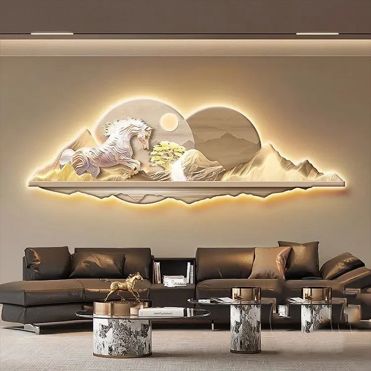 轻奢骏马图客厅装饰画挂画马到成功办公室带灯壁画灯光画