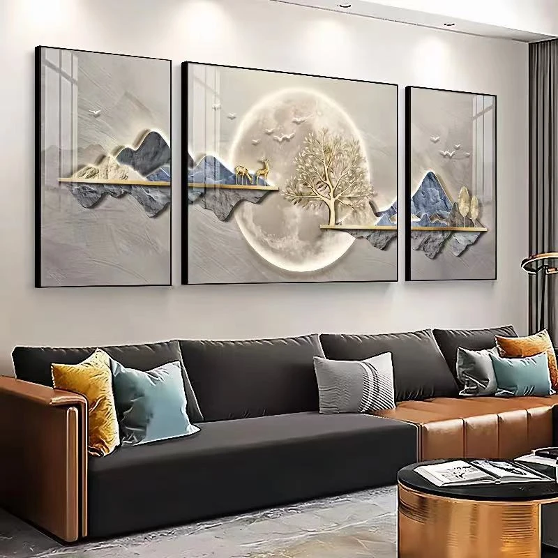 【福禄山河】发财树挂画客厅招财装饰画东方招财装饰画晶瓷灯光画