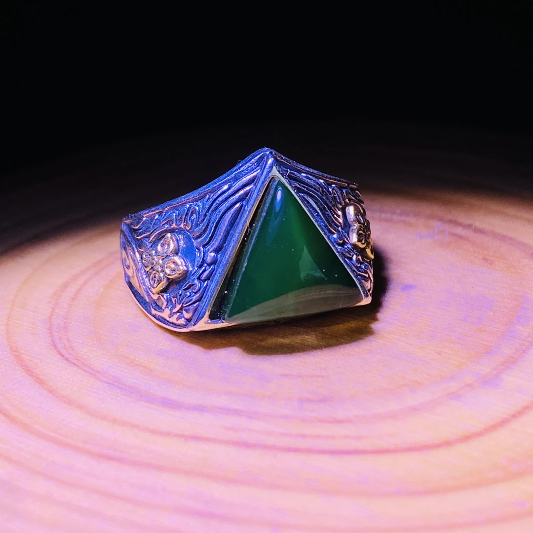 琥珀蓝珀男士戒指 墨西哥蓝珀 国潮轻奢复古藏传风银戒 个性 时尚
