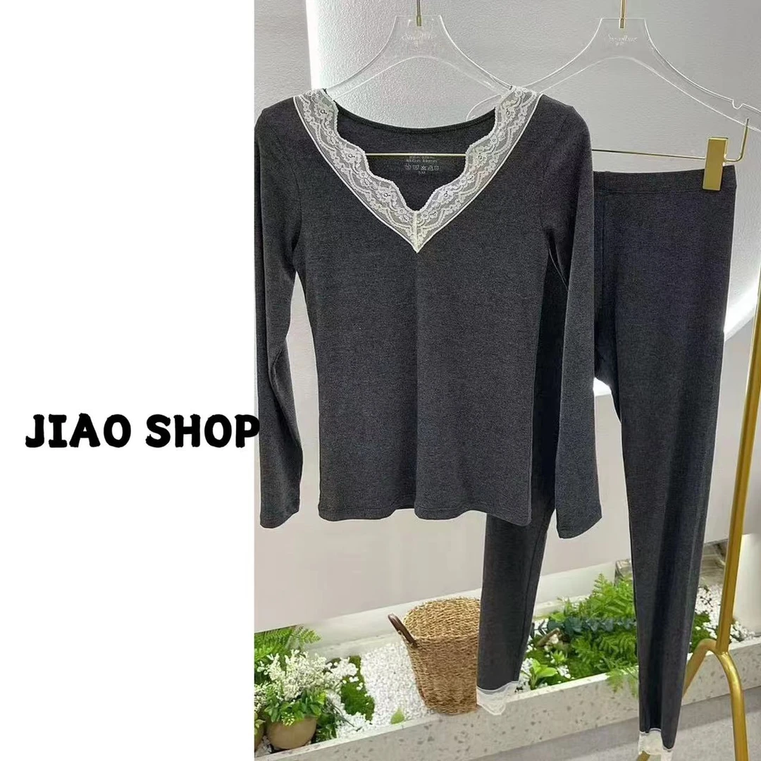 【JIAO SHOP】蕾丝边V领羊毛天蚕丝保暖套装