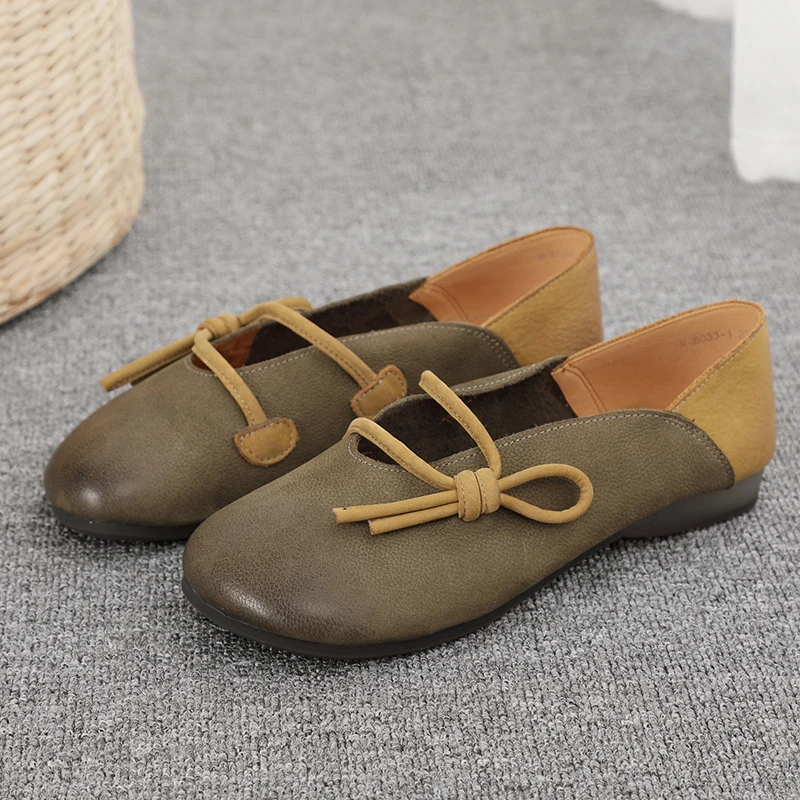 新品豆豆鞋圆头平跟休闲百搭女秋鞋头层牛皮森女风软底女单鞋子