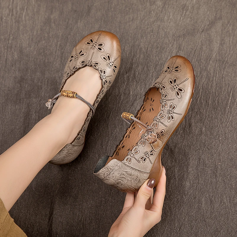 森女风圆头低跟平底透气舒适女单鞋防滑真皮文艺复古浅口女单鞋子