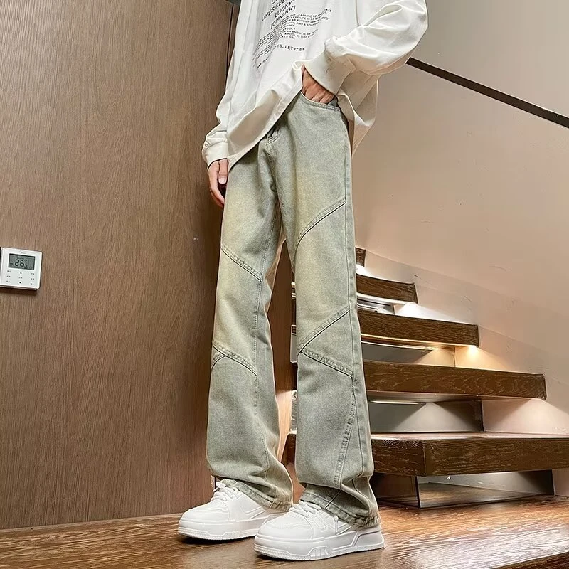 美式潮流牛仔裤复古高街拼接设计感休闲百搭显瘦ins小众微喇裤子