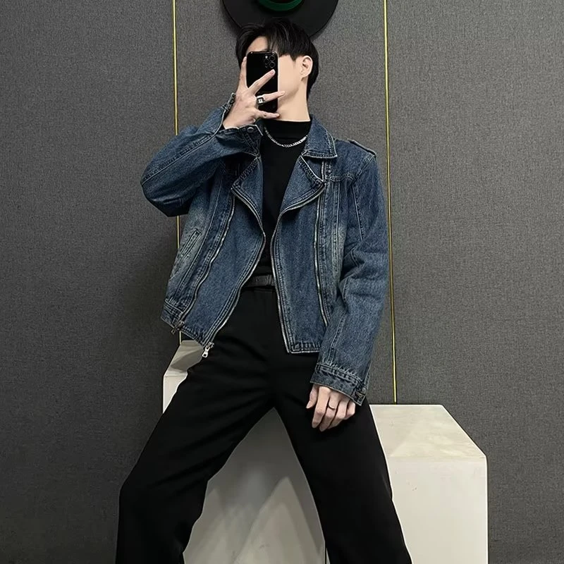 情侣小众高级感翻领短款夹克男韩版潮流时尚个性水洗牛仔上衣外套